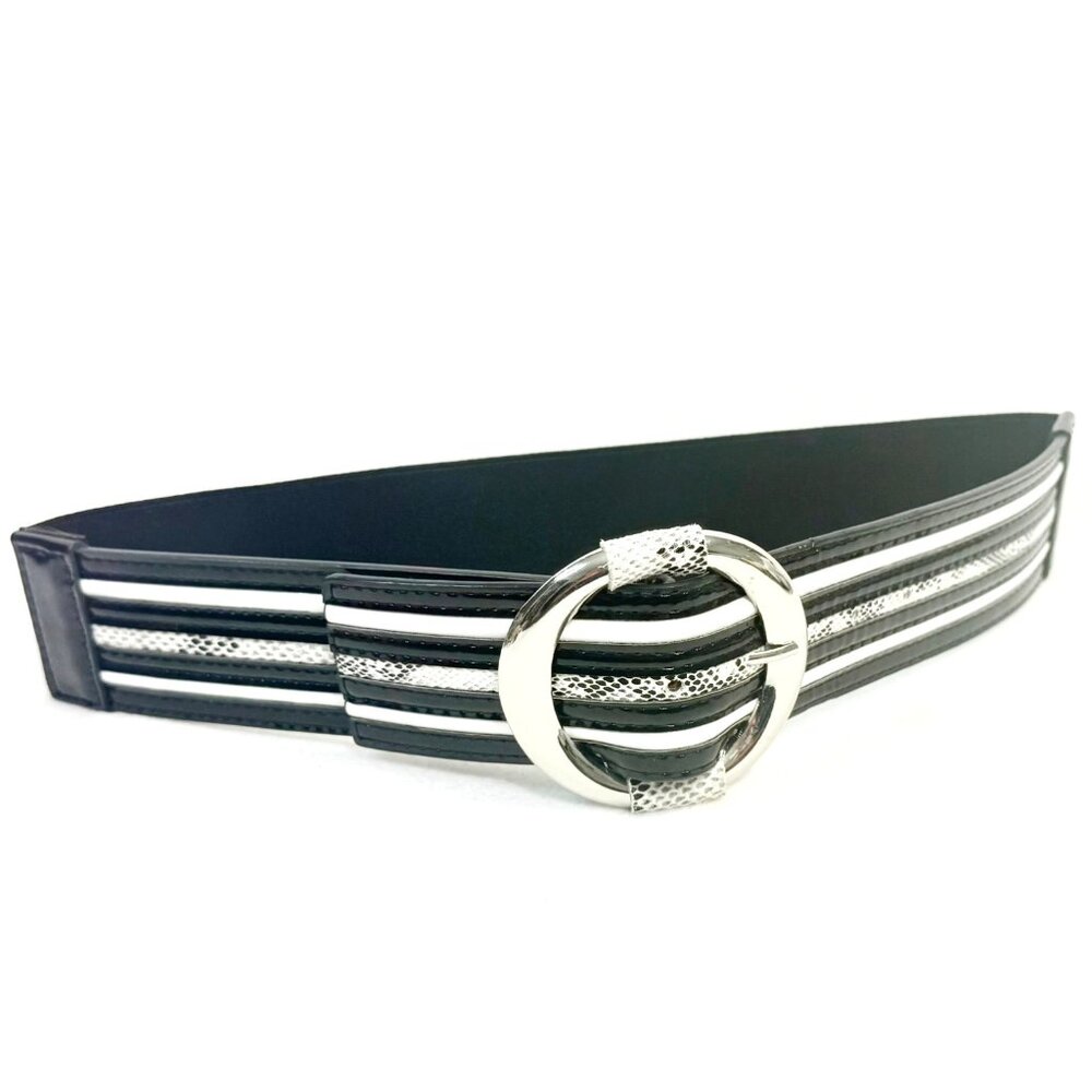 WHBM Striped Patent Leather Belt w/Statement Buckle Snakeskin Print Detail - M - Picture 2 of 9